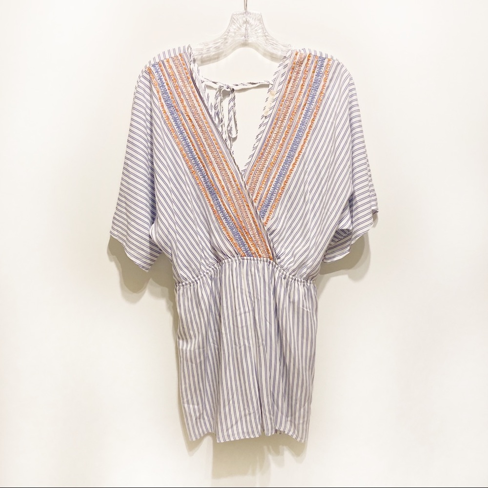 Altar’d State romper blue striped embroidered boho surplice